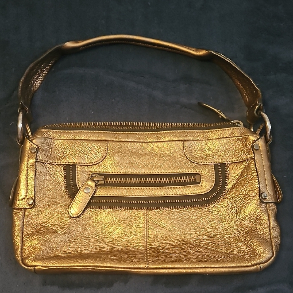 BCBGMaxAzria Gold Shoulder Bag with Textured Leather and Curved Handle